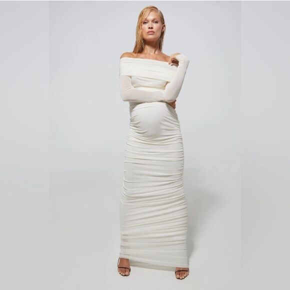 BUMPSUIT NEW Off The Shoulder Soft Mesh Maternity Dress in Ivory - Picture 1 of 16